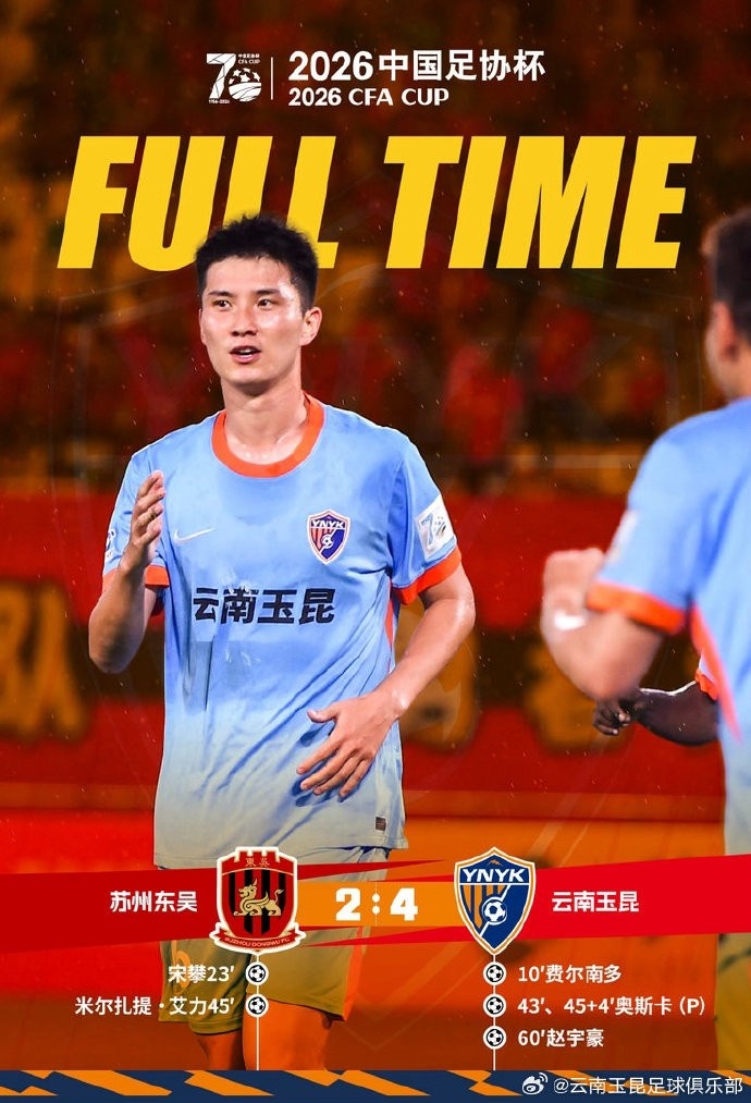 奥斯卡两射一传造三球,云南玉昆4-2客胜苏州东吴晋级