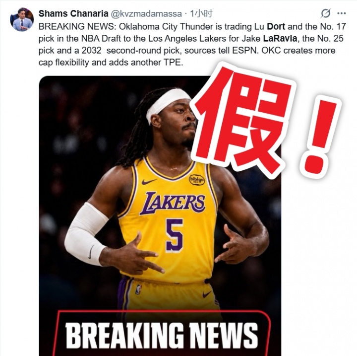 湖人拉拉维亚换多特？假Shams账号编造AI图片造谣