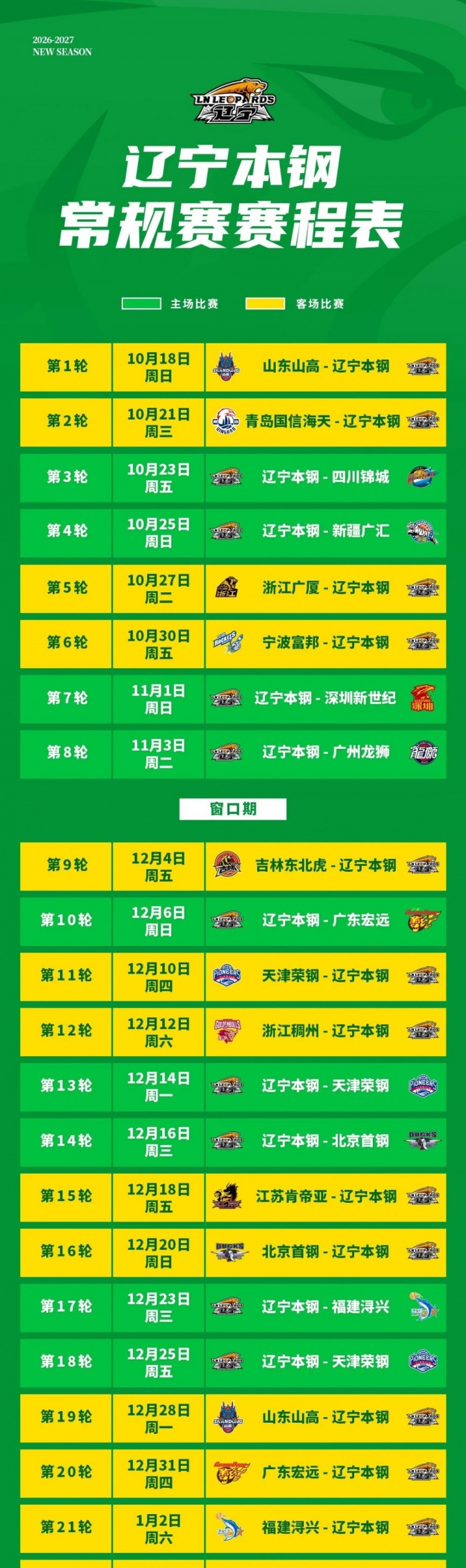 2026-2027赛季辽宁本钢队常规赛赛程来了!